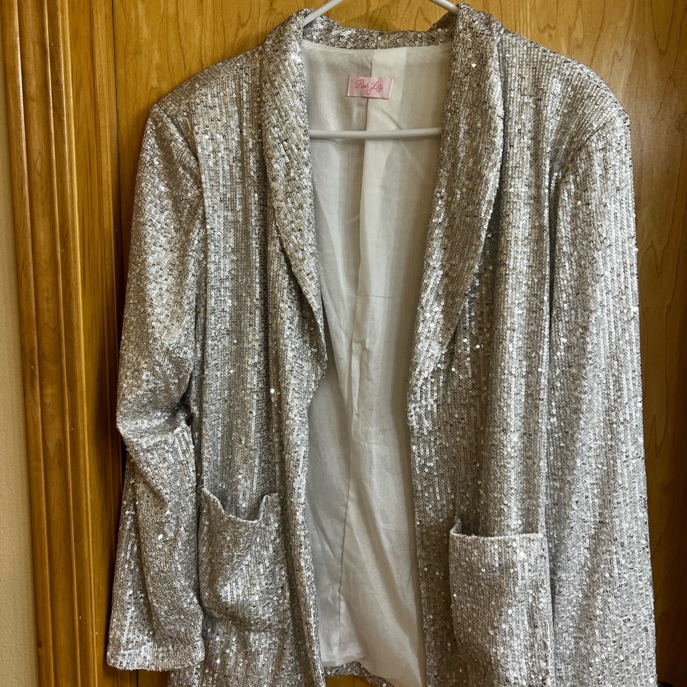 Pink Lily Silver Blazer Sparkly Suit Jacket